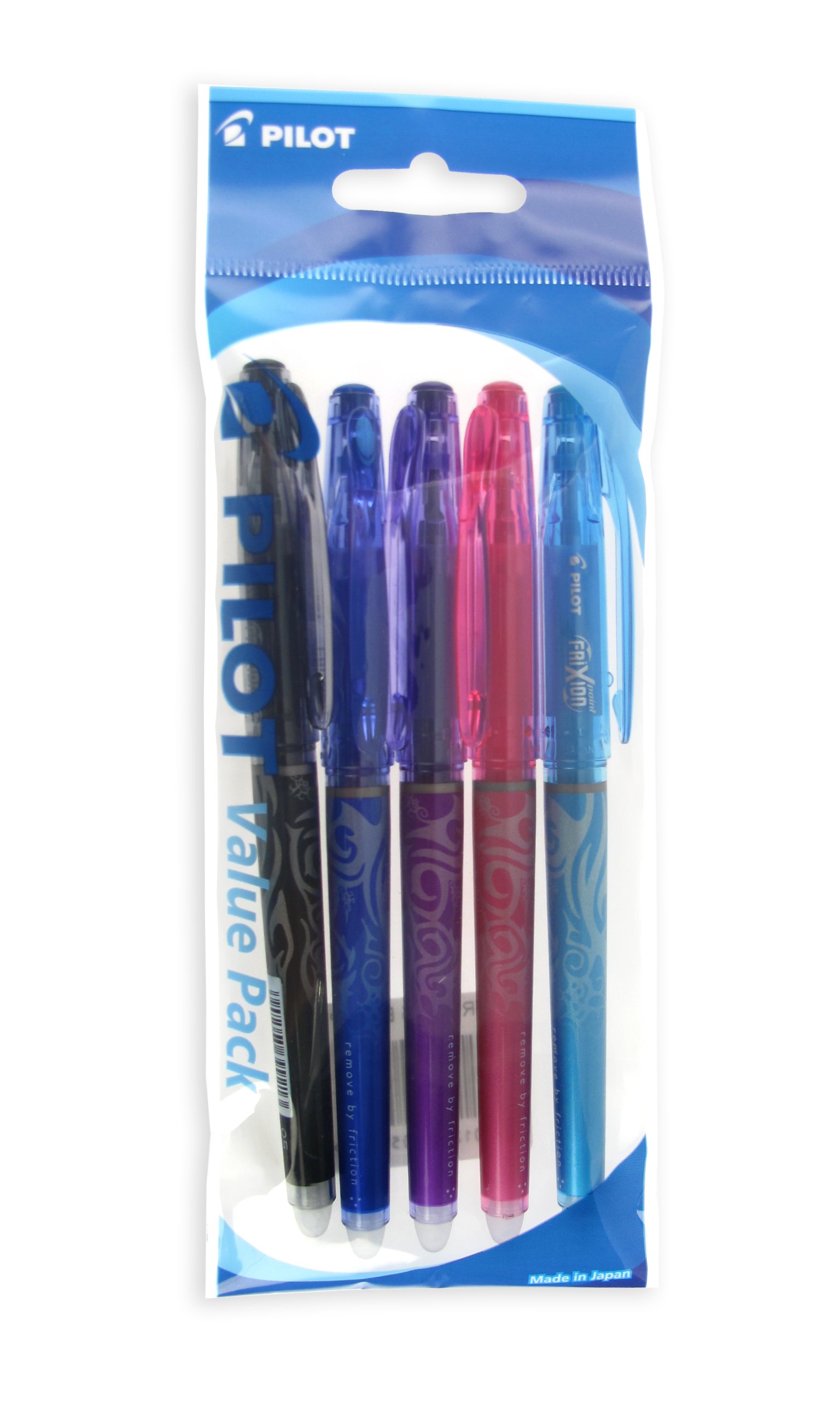 Pilot Frixion Point Erasable Rollerball 0.5 mm Tip - Black/Blue/Violet/Pink/Light Blue, Pack of 5