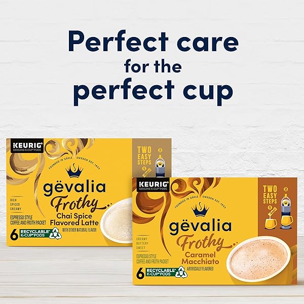 GEVALIA FROTHY 2-STEP ARTIFICIALLY FLAVORED CARAMEL MACCHIATO ESPRESSO STYLE K-CUP COFFEE PODS & FROTH PACKETS KIT, 6 CT BOX