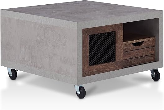 Amazon Com Iohomes Aaliyah Industrial Square Coffee Table With Slatted Drawer Paneled Door Open Shelves Caster Wheels 31 Walnut Furniture Decor