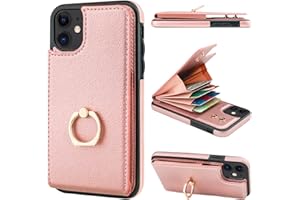 Folosu Compatible with iPhone 11 Case Wallet with Card Holder, 360°Rotation Finger Ring Holder Kickstand Protective RFID Blocking PU Leather Double Buttons Flip Shockproof Cover 6.1 Inch Rose Gold
