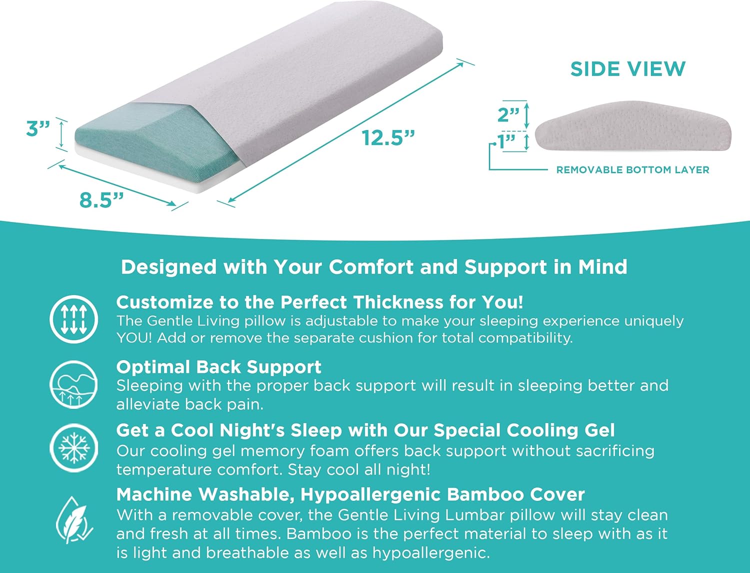 Gentle Living Cooling Lumbar Support Pillow for Sleeping Back Pain - Ergonomic Memory Foam with Heat Dissipating Cool Gel - Adjustable Height for More or Less Support - Washable Hypoallergenic Cover: Home & Kitchen