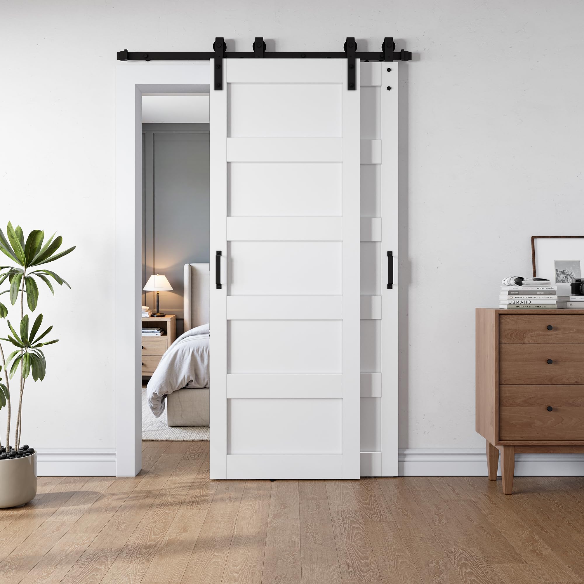 Photo 1 of SmartStandard 30x84 Inch White Double Barn Door Set – 5-Panel MDF Sliding Doors with 6FT Bypass Barn Door Hardware Kit, Space-Saving Design, Easy Installation (Pre-Drilled Holes)