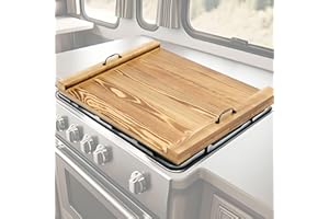 Maxdot Rv Stove Top Cover Board Wood Noodle Board Camper Stove Top Cover Countertop Cutting with 5 Pcs Adjustable Non-Slip Rubber Feet Leg Juice Groove for Trailer Gas Burner Kitchen(Light Brown)
