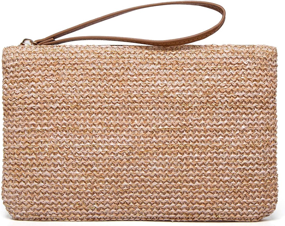 Straw Clutch Bag Bohemian Summer Beach Straw Purse Zipper Wristlet