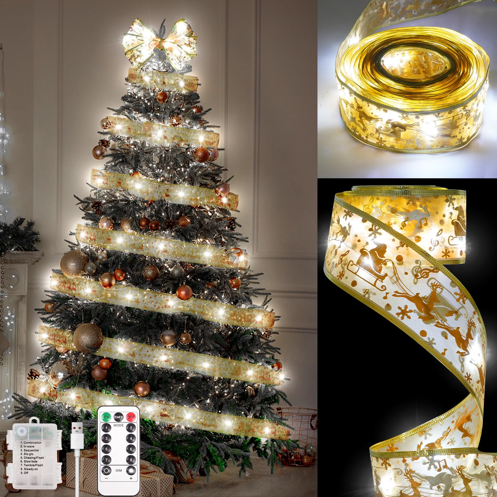 Photo 1 of KPROE Christmas Tree Decorations, 32Ft 100 LED Christmas Tree Copper Wire Ribbon Bows Lights with 8 Lighting Modes, Battery Operated & USB Powered Fairy String Lights with Timer for Xmas Tree Decor