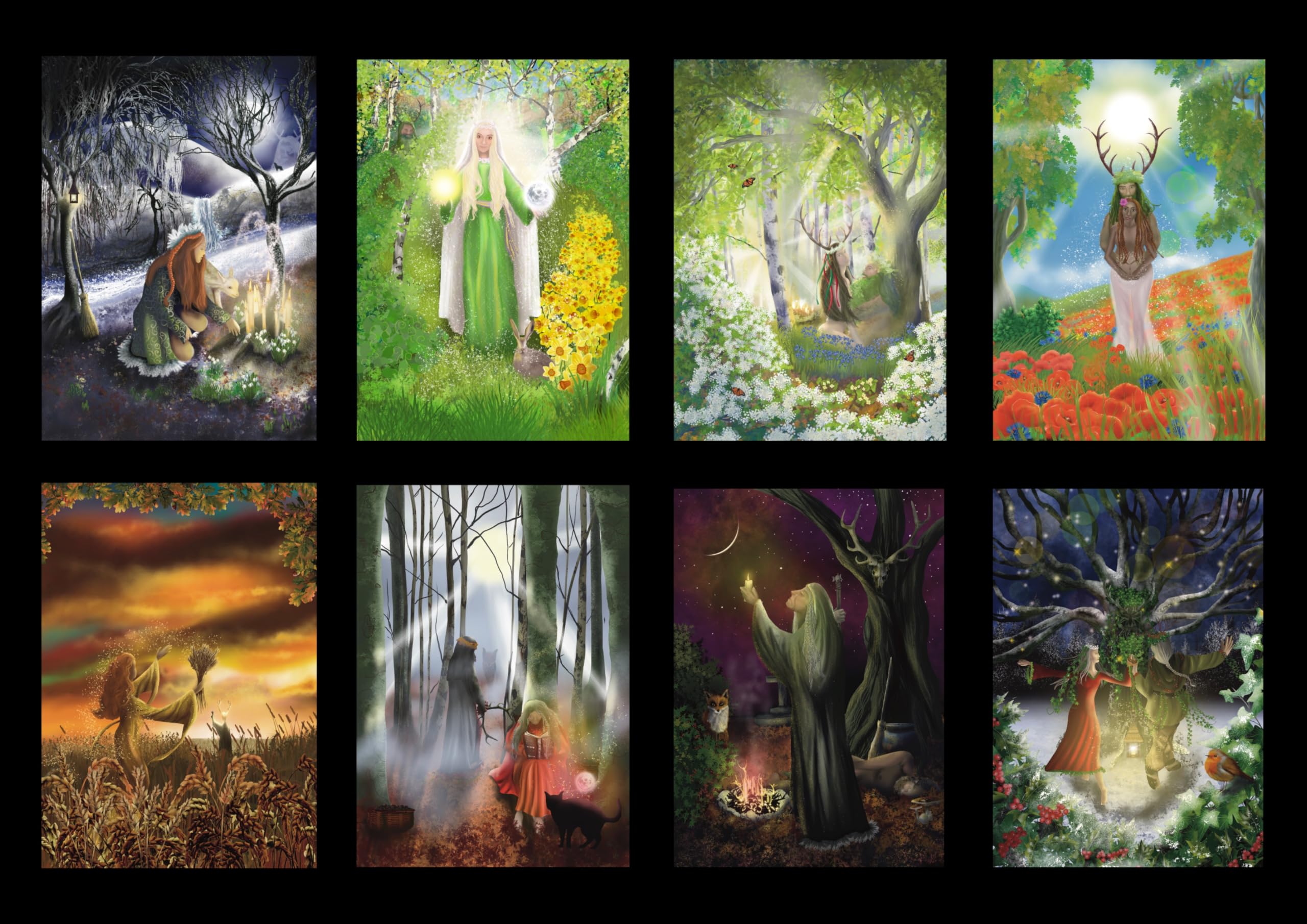 Multipack of 8 'The Goddess at Eight Sabbats' blank cards for any occasion - illustrated by UK artist Naomi Walker