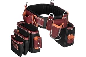 FUERI Tool Belt With Suspender Men Carpenter Pouches Construction Bags Electrician Belts Framer Worker Pouch. (Black and Maroon, Extra Large 42" - 48")