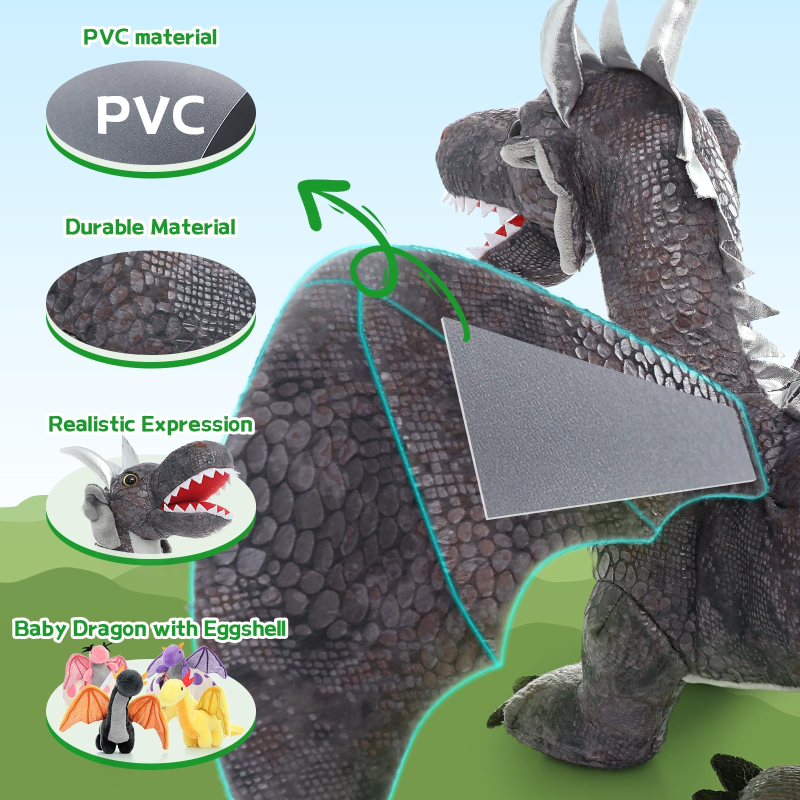 MorisMos 55cm Stehend Drache Kuscheltier mit Baby im Bauch, Grau Groß Plüschdrache Kuscheltiere XXL, Flauschiger Stofftier Plüschtier Dragor Dragon Teddys zum Spielen für Kinder 4