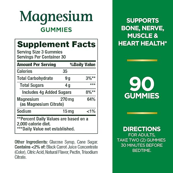 NATURE’S BOUNTY MAGNESIUM CITRATE GUMMIES FOR ADULTS, SUPPORTS GENERAL HEALTH, BONE, NERVE, MUSCLE & HEART HEALTH SUPPORT, 270MG PER SERVING, VEGAN, NON-GMO – RASPBERRY 90 COUNT