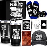 JTAMOHI 9 Pcs Fishing Gift Set for Men: 20 Oz Black Stainless Steel Insulated Tumbler, Vintage Baseball Cap, Fishing Socks, Leather Journal, Keychain & More