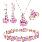 GZWHD Pink Jewelry Set for Women, Rose Gold Plated Teardrop Earrings Necklace Ring Bracelet Set, Jewelry for Bride Bridesmaids Maid of Honor, Gifts for Wife Mother Friend Daughter