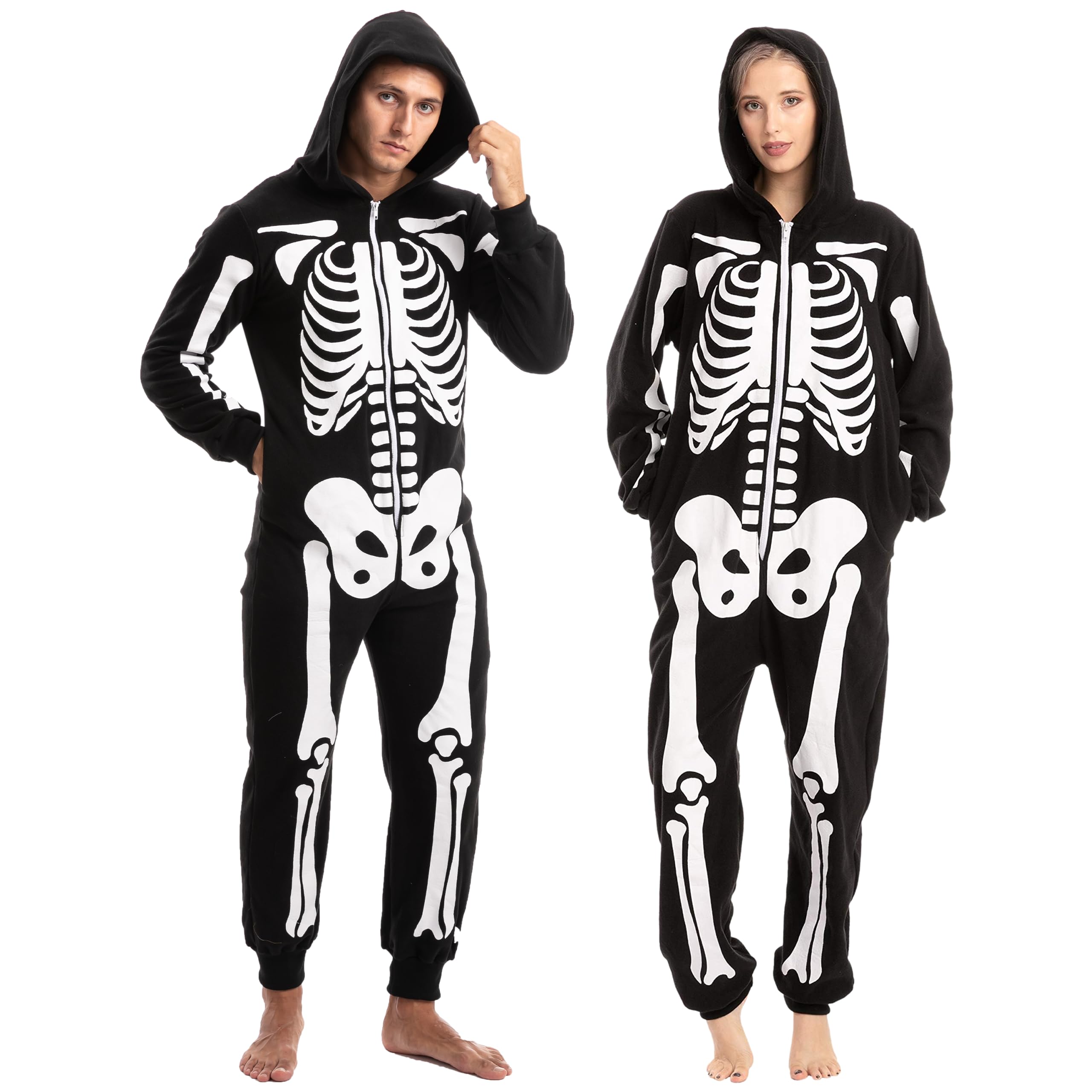 Photo 1 of Spooktacular Creations Halloween Skeleton Pajama, Adult Skeleton Costume, Unisex Adult Jumpsuit Plush Hoodie, One-piece Zipper Pajama for Men Women Halloween Dress-up Cosplay Costume Themed Parties