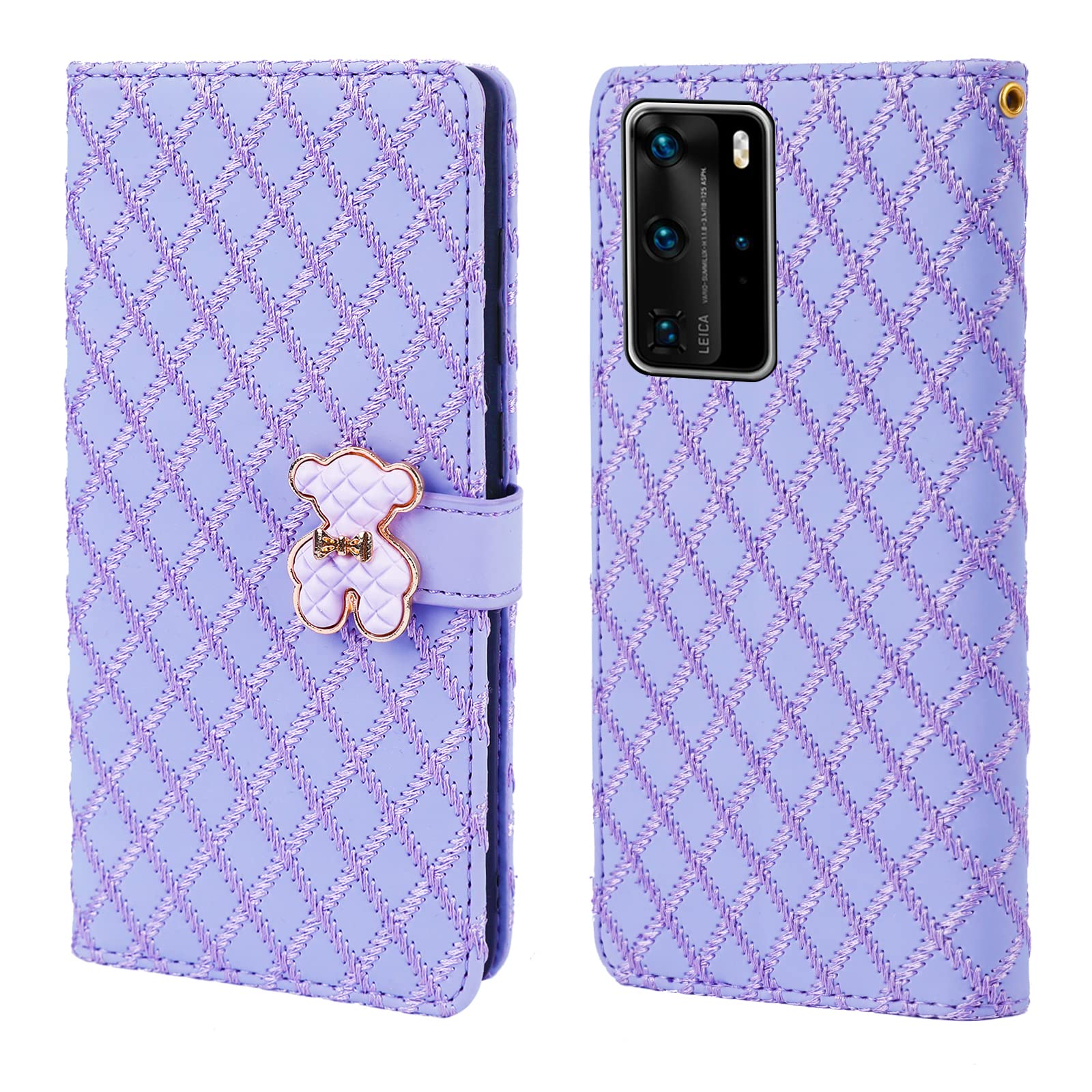 Tiyoo Huawei P40 Pro Flip Case with Wallet, 3D Metal Bear Magnetic Closure, Support Stand and Card Slots, PU Leather with Quilting Embroidery Process (Purple)