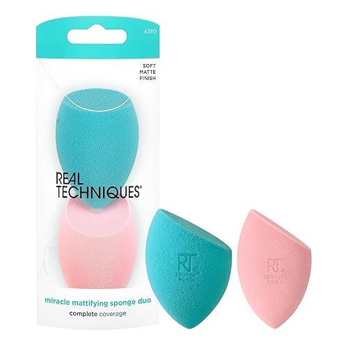 Real Techniques Miracle Mattifying Makeup Sponge Duo, Matte Finish, Cloud Skin, Full Coverage Foundation & Powder Makeup Blending Sponges for Oily Skin, Cruelty & Latex-Free Foam, 2 Count