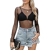 KTILG Womens Lace Long Sleeve Boat Neck Tops Sheer Blouse Sexy See Through Shirt Mesh Top S-XXL
