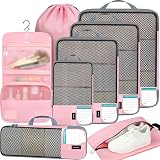 BAGAIL 4/6 Set/8 Set Compression Packing Cubes Travel Accessories Expandable Packing Organizers(HalfMesh, 8-Pink)