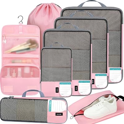 BAGAIL 4/6 Set/8 Set Compression Packing Cubes Travel Accessories Expandable Packing Organizers(HalfMesh, 8-Pink)