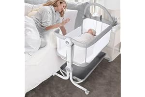 Cowiewie Baby Bassinet Bedside Sleeper with Storage Basket,Wheels, Easy Folding Portable Bassinet with Wheels Adjustable Height Portable Bassinets for Newborn