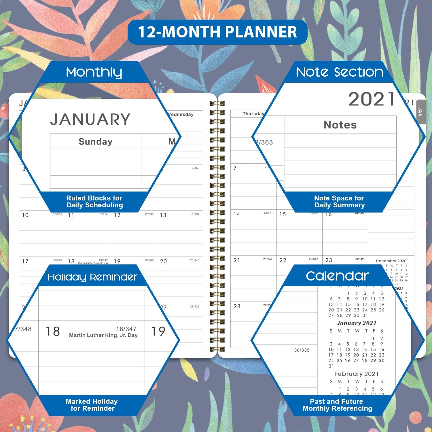 2021 Planner - Weekly & Monthly Planner with Marked Tabs, 8" x 10", Jan. - Dec. 2021, Contacts + Calendar + Holidays, Twin-Wire Binding with Thick Paper - Navy Floral : Office Products