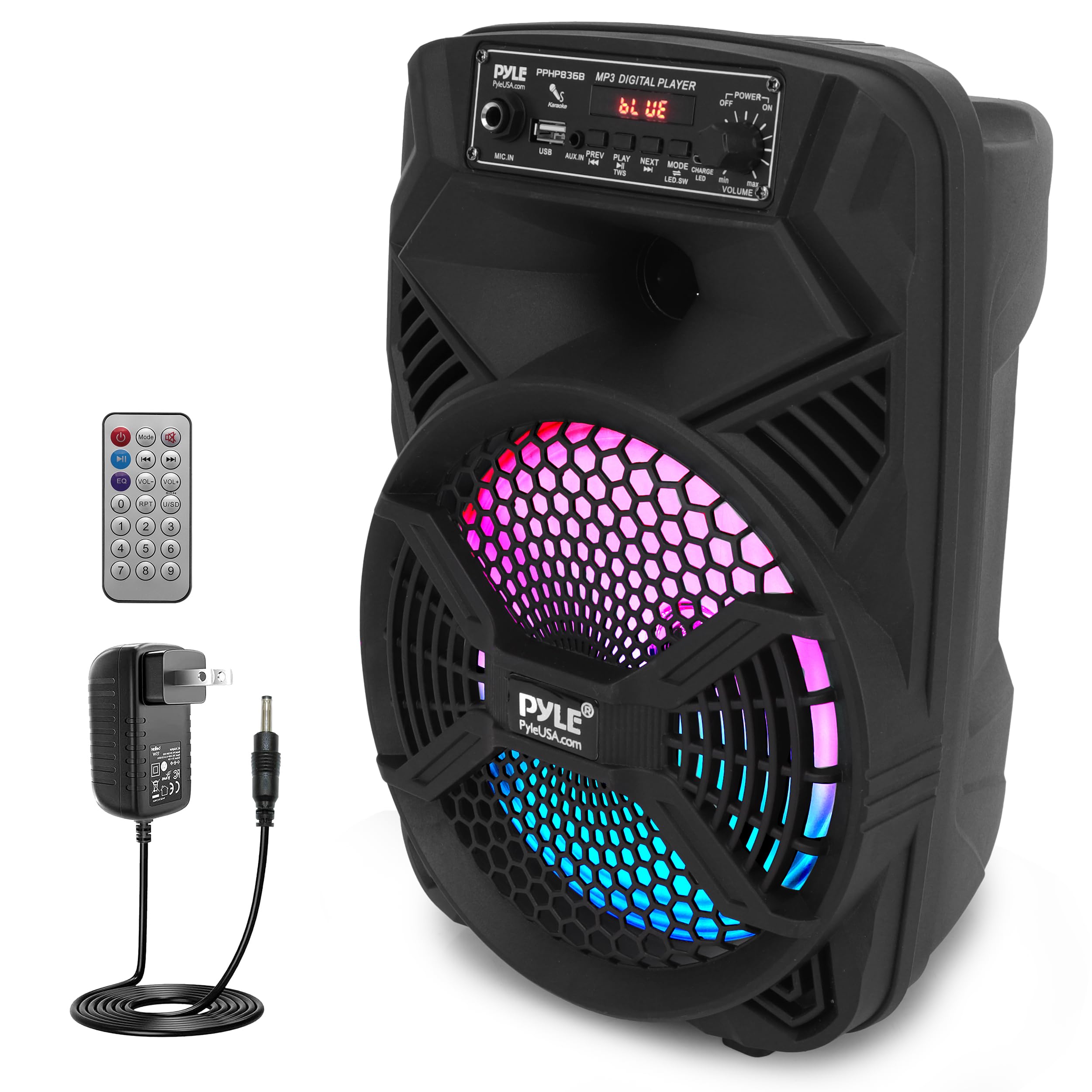 Photo 1 of Pyle 8" Portable PA Bluetooth Speaker – 300W Max Power, Rechargeable Battery, Flashing LED Party Lights, MP3/USB/FM Radio, Aux Input, Ideal Karaoke Machine for Indoor/Outdoor Events, 8.8"x 7.7"x13.1"