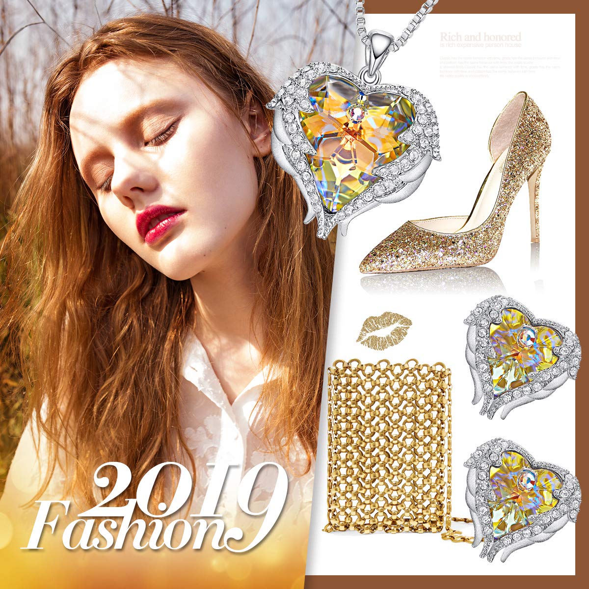 CDE Jewery for Women Swarosvki Pendant Necklaces Set with Silver Angel Wing Crystal Stud Earrings Birthsone Birthday Gifts for Women Girls