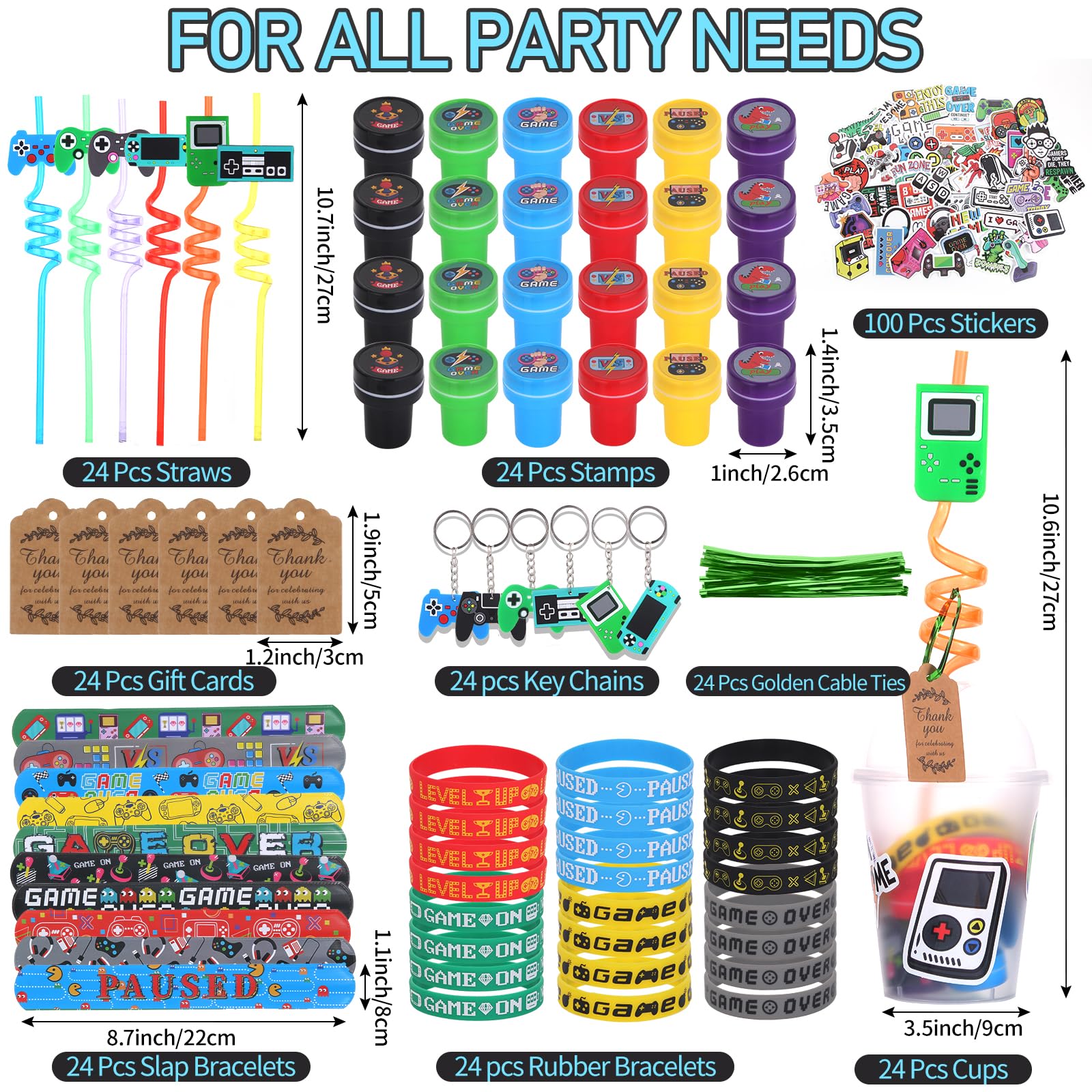 LiYiQ 292 Pcs Video Game Party Favors With Reusable Drinking Straws Cups Slap Bracelets Keychains Gift Tags Stamps Stickers and Twist Ties for Gamer Birthday Party Supplies