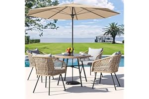 YITAHOME 5-Piece Outdoor Patio Furniture Dining Set, All-Weather Rattan Conversation Set with Soft Cushions and Glass Top Dining Table for Backyard Deck (Light Brown + Gray)