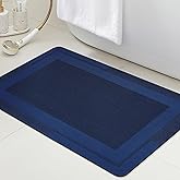 Ultra Thin Bath Mat, Upgrade Backing Non Slip Thin Bath Mats Fit Under Door, Quick Dry Ultra Absorbent Bathroom Rugs, Machine Washable Bath Rugs for Bathroom, Bathtub, Dark Blue/Bordered/32"x20"