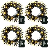 4 Pack- Battery Operated Outdoor Tree String Lights with 50 Warm White LEDs on 16.5ft/5m of Dark Green Cable,Outdoor Battery Xmas Wreath Lights with Timer for Christmas Yard Holiday Decoration