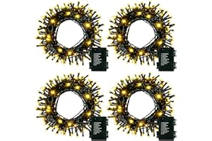 DEALBETA 4 Pack- Battery Operated Outdoor Tree String Lights with 50 Warm White LEDs on 16.5ft/5m of Dark Green Cable,Outdoor Battery Xmas Wreath Lights with Timer for Christmas Yard Holiday Decoration
