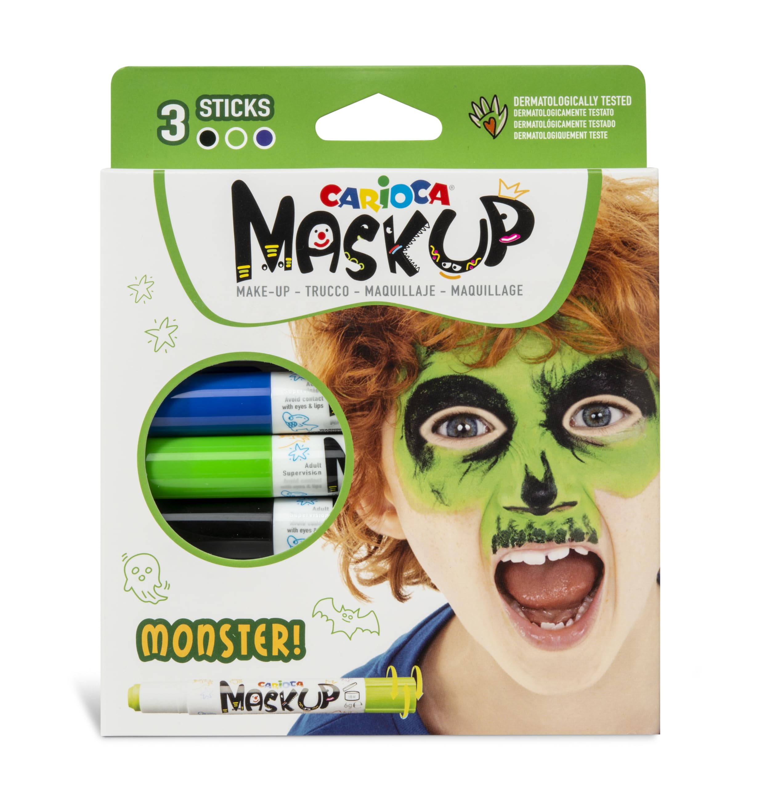 CARIOCA Mask Up Monsters, Face Painting Kit for Boys and Girls, Make-up Sticks Ideal for Christmas, Halloween, Carnival and Parties - 3 Colours and 2 Tutorials - Dermatologically Tested