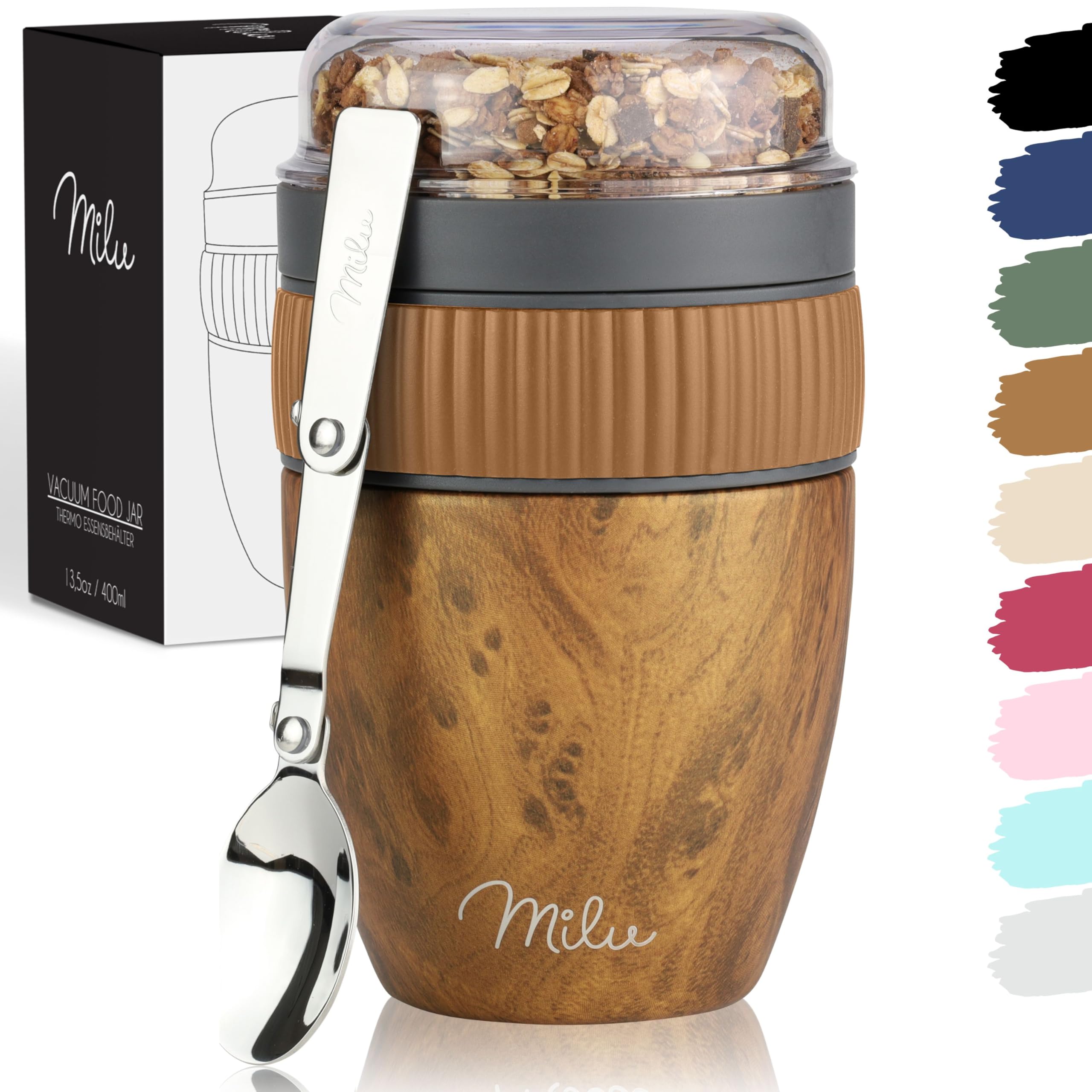 Milu Cereal Cup to go 400ml I insulated yoghurt cup for muesli I leak-proof cup with spoon for yoghurt/porridge (Wood optics)