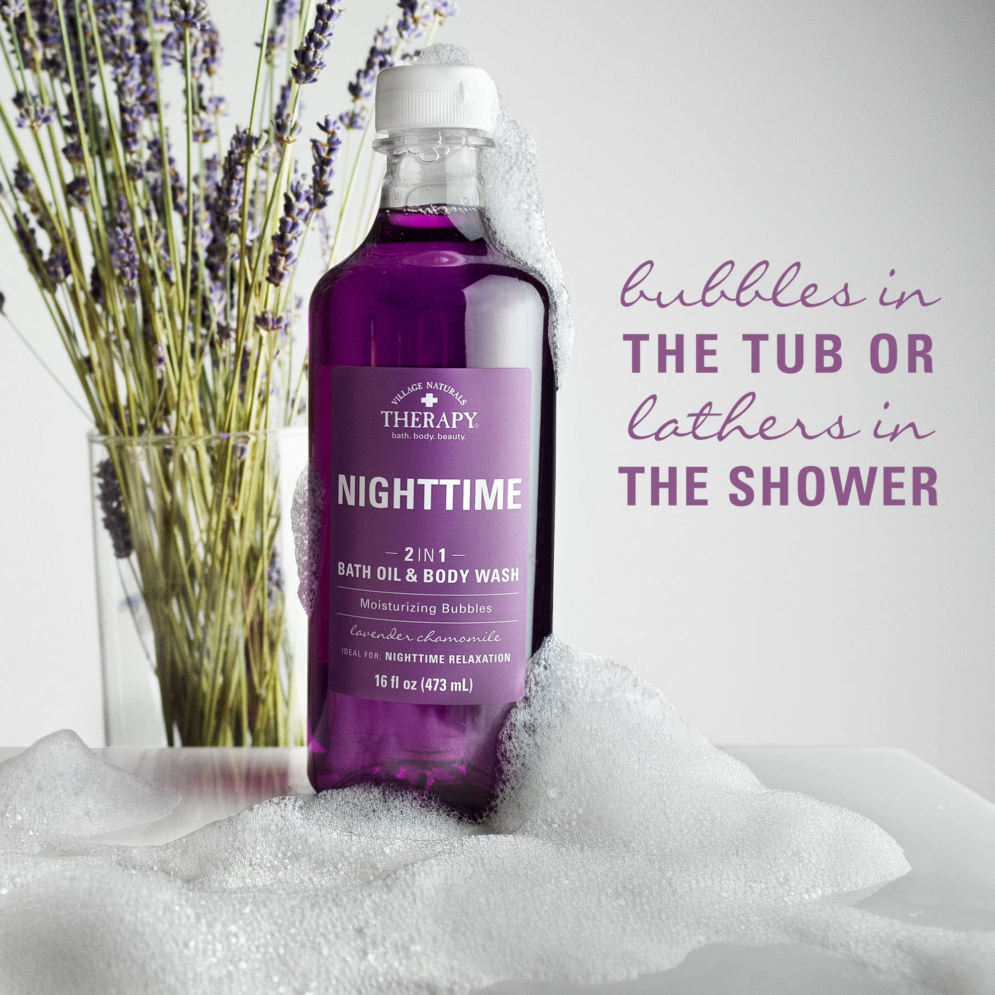 Village Naturals Therapy Foaming Bath Oil and Body Wash, Nighttime Relief, 16 oz, Pack of 2