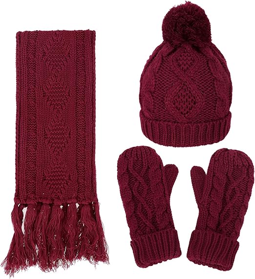 Women's Winter Warm 3PC Burgundy Cable Knit Gloves Scarf Beanie Hat Set