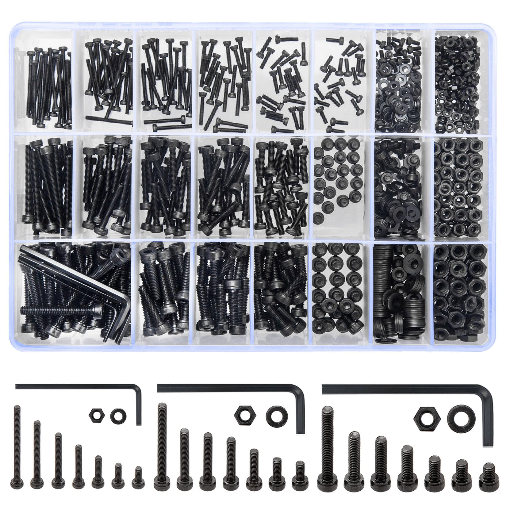 1260 Pcs M2 M3 M4 Bolts and Nuts Set, Hex Socket Head Cap Screws Bolts and Nuts and Washers Assortment Kit, Black Machine Screws Set for Home Repair Fastener