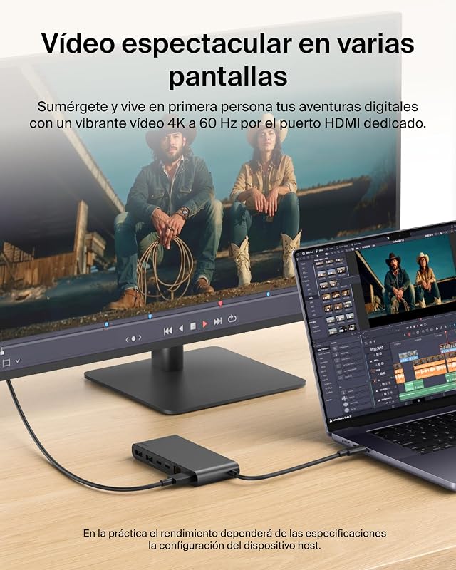 Connect Hub USB C de 8 Puertos, Adaptador USB C con Vídeo con Resolución 4K a 60 Hz, para Mac, Windows y Chromebook, Power Delivery a 100 W, Transferencias de 10 Gbps y 2.5Gbps Ethernet - Negro