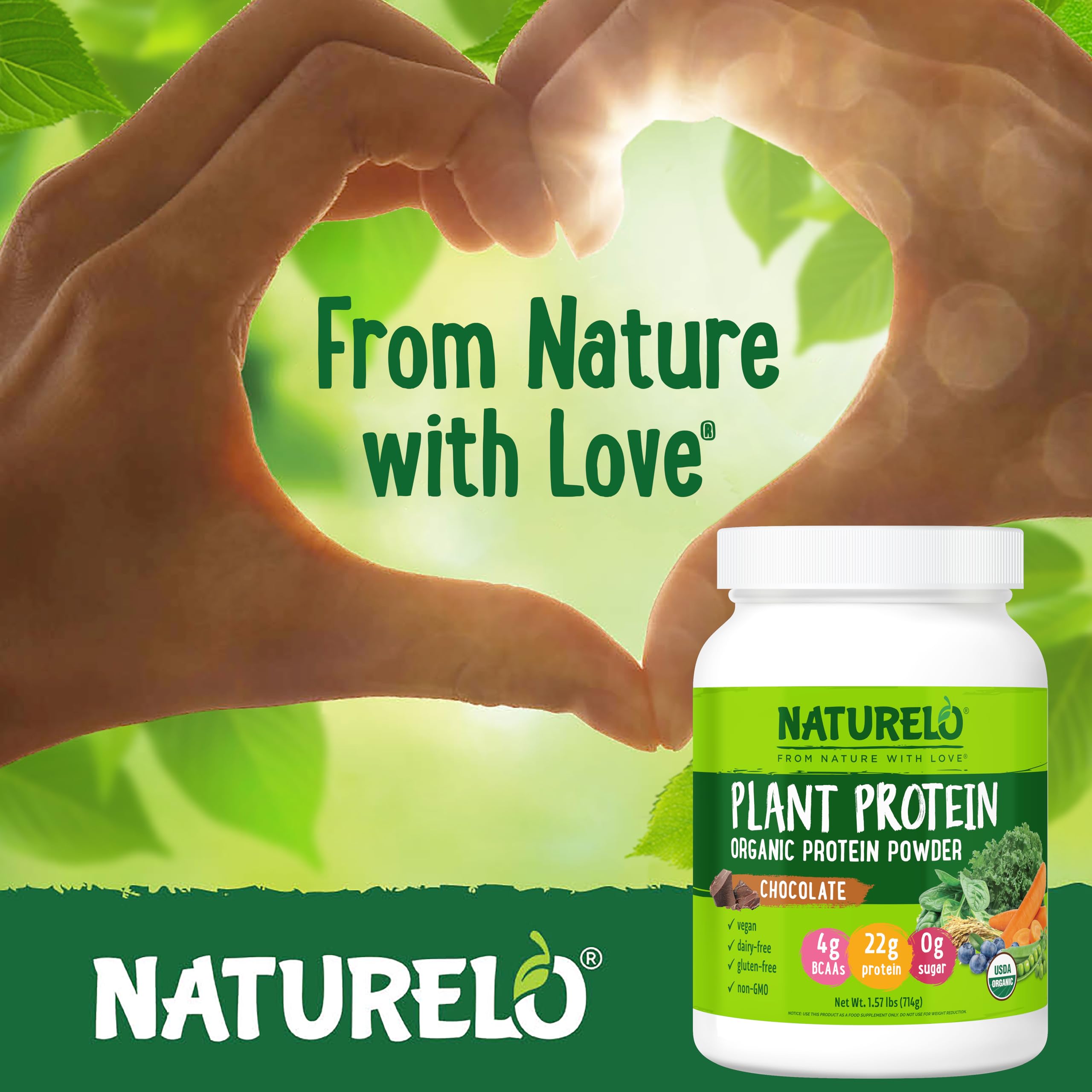 NATURELO Plant Protein Powder, Chocolate, 22g Protein - Non-GMO, Vegan, No Gluten, Dairy, or Soy - No Artificial Flavors, Synthetic Coloring, Preservatives, or Additives - 20 Servings