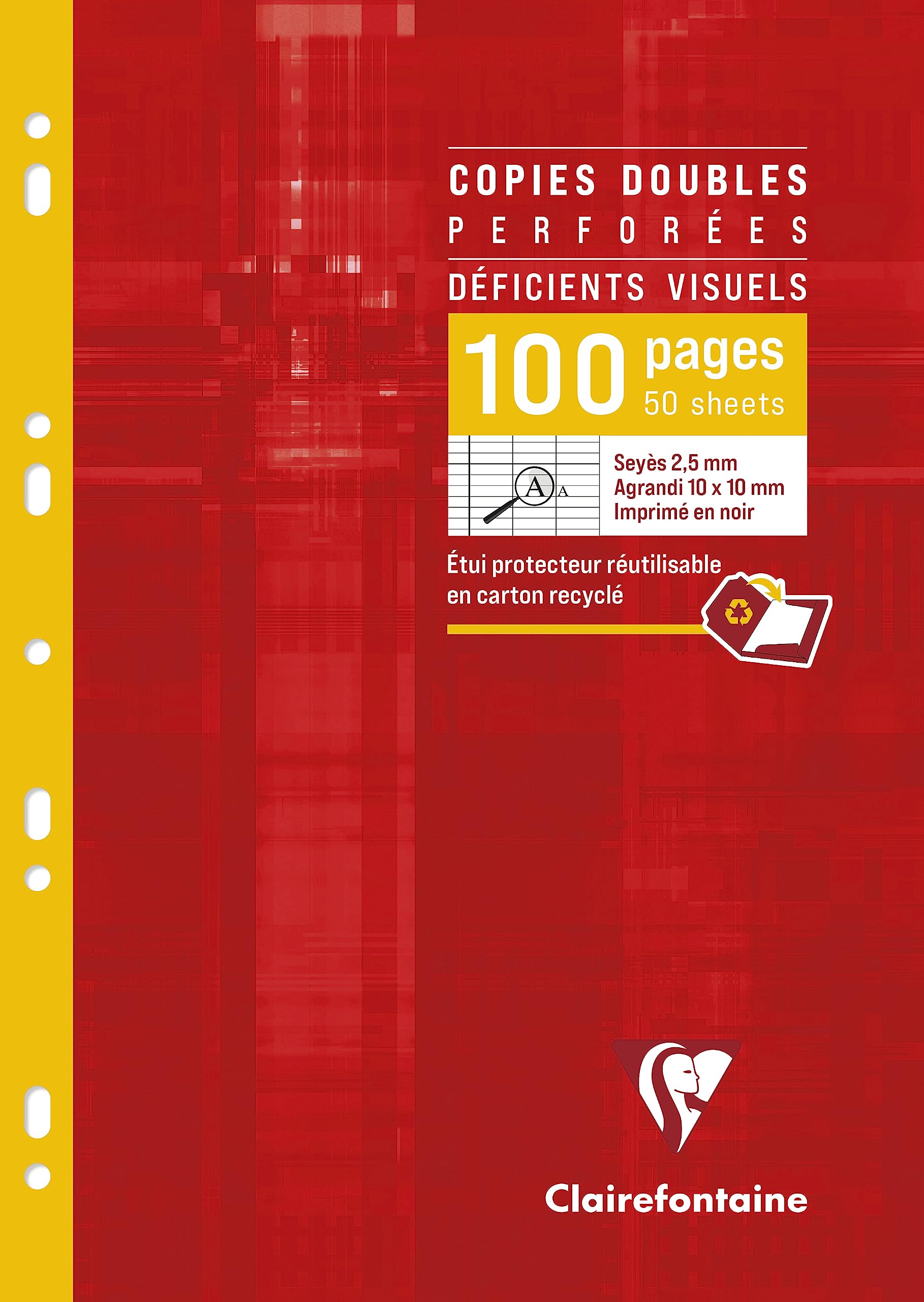 Clairefontaine 4729C Perforated Double Sheets for the Visually Impaired A4 21x29.7 96 Pages Seyes Squares 2.5mm Enlarged 10/10 - White Paper 90g Reusable Case