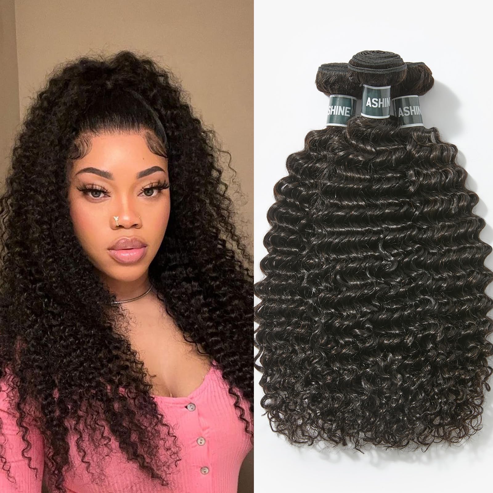 Photo 1 of ASHINE Human Hair Bundles Deep Curly Water Wave, Unprocessed Cambodian Raw Hair 20 22 24 Inch, Flip Over Quick Weave Wet and Wave Bundles for Women Natural Black