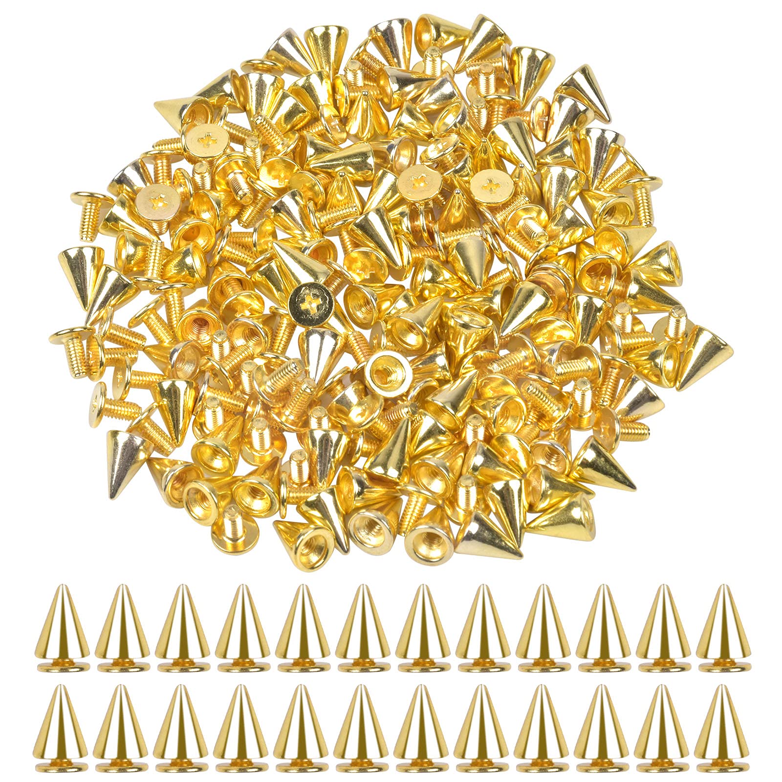 100 Pcs Metal Cone Bullet Spikes Studs Screw Back Spikes Rivet Metallic Leather Rivets Belt Bag Shoes Rivets Button Antique Screw-Back Studs for DIY Craft Punk Rock Clothes Decoration, 7*10 mm, Gold