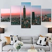 SIGNWIN 5 Panel Canvas Wall Art Cityscape Sunset for Home Decorations Ready to Hang - 60