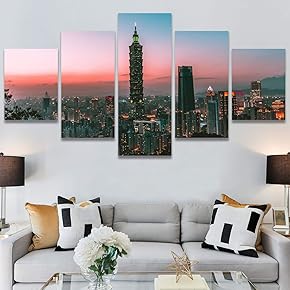 SIGNWIN 5 Panel Canvas Wall Art Cityscape Sunset...