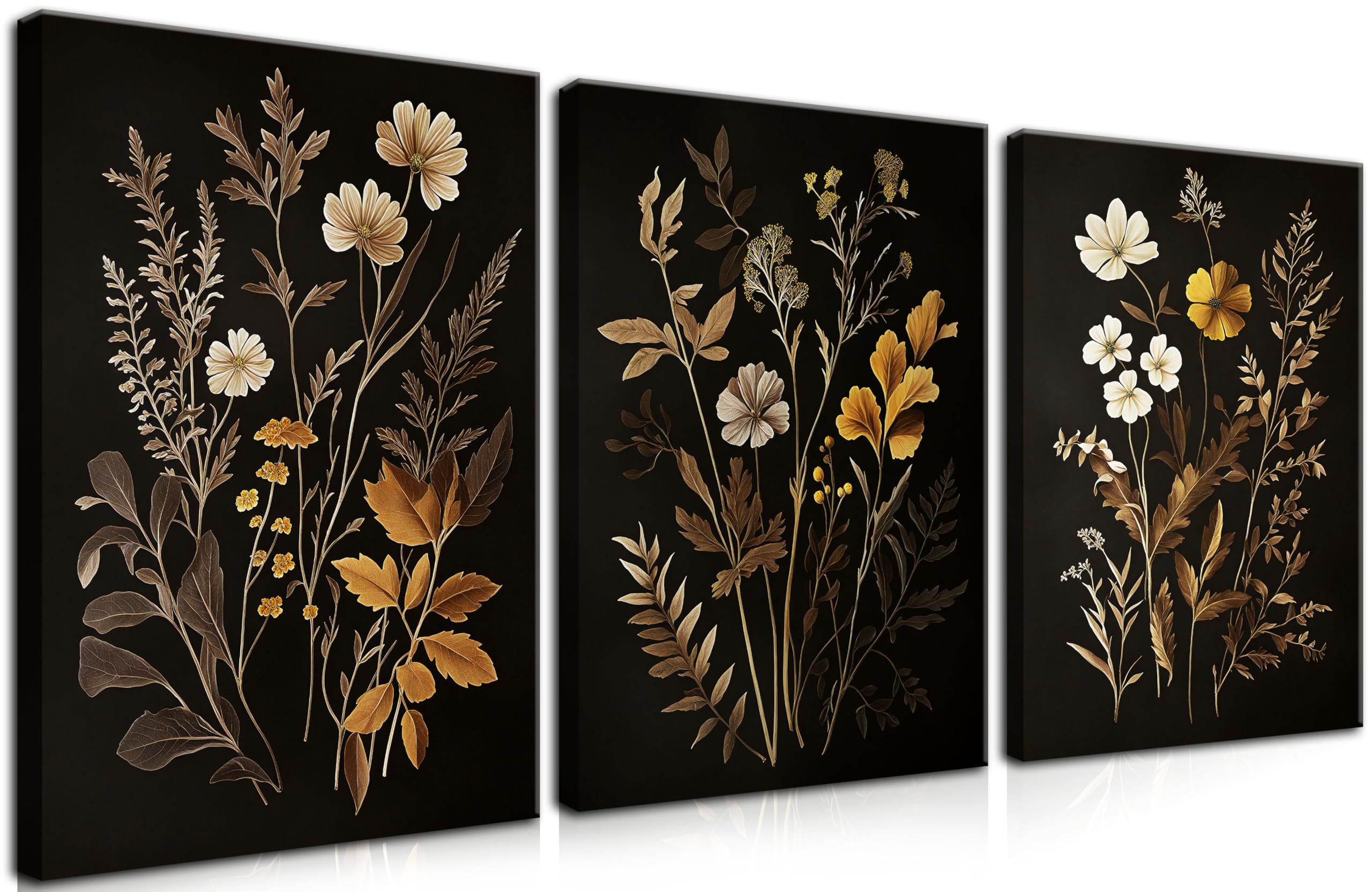 Photo 1 of Vintage Black Flower Wall Art Decor Set of 3, Beautiful Wildflower Botanical Canvas Prints, Dark Academia Fall Floral Poster Painting Picture for Bedroom Living Room 12x16 Inch Framed