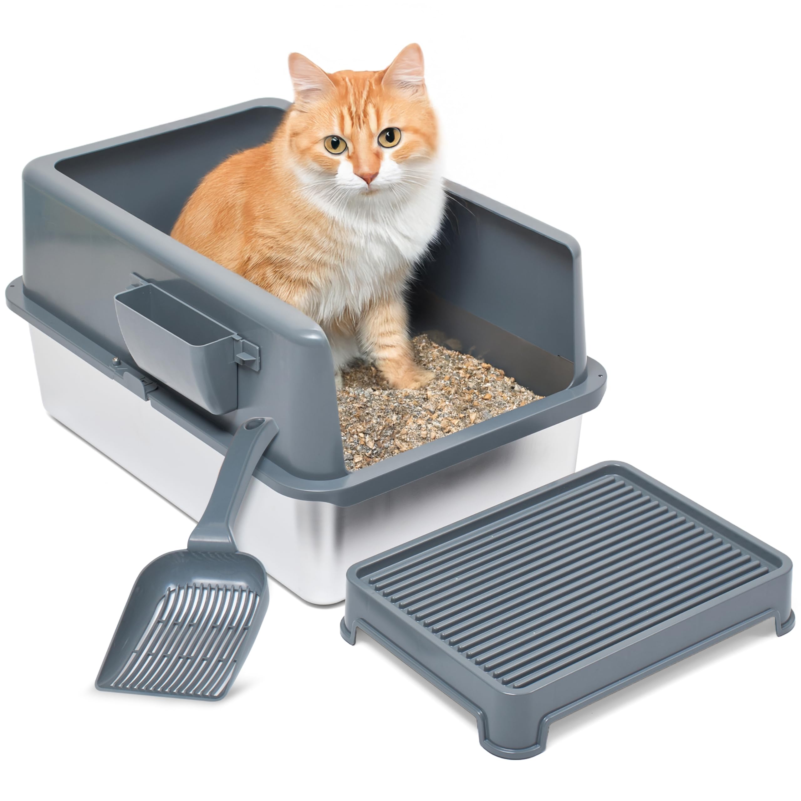iPrimio Premium XL Stainless Cat Litter Box with Enclosure, 1 Scooper and Elevated Litter Mat - Durable, Easy to Clean and High Sides Cat Box with Step Scoop - Scratch and Bite Proof - Dark Grey Image