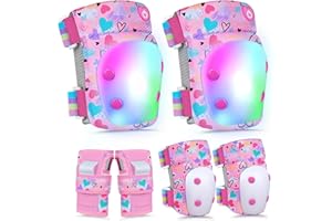 Lemmeko Knee Pads for Kids with LED Lights, Kids Knee Pads and Elbow Pads Wrist Guards Set with Drawstring Bag for Girls 3-8 Years Adjustable Protective Gear Set for Scootering Cycling Skateboarding