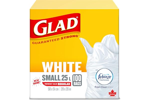 Glad White Garbage Bags - Small 25 Litres - Febreze Fresh Clean Scent, 100 Trash Bags, Made in Canada of Global Components