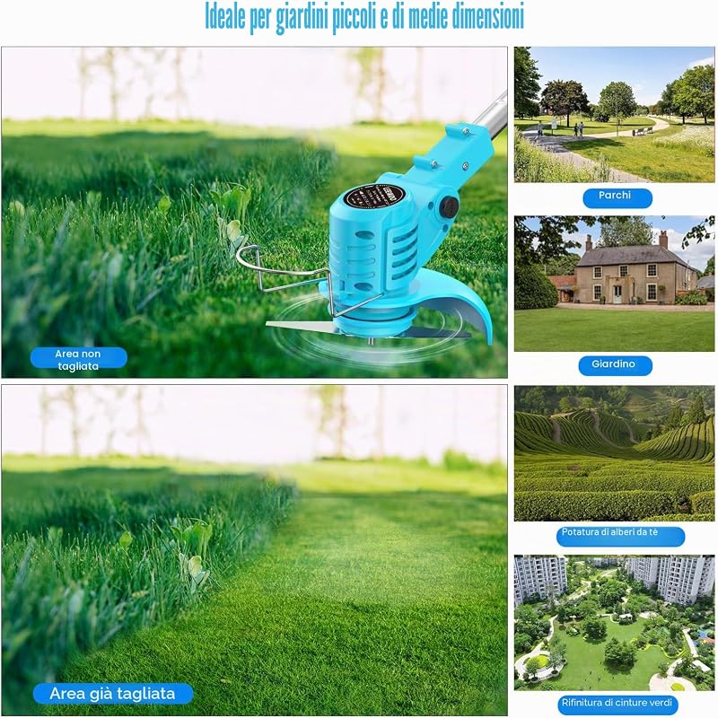 Decespugliatore a Batteria 21V, Tagliabordi a Batteria con 2 Batterie 2,0Ah, 2 Tipi di Lame in Metallo Tagliaerba Elettrico, Forbici Potatura, Angolazione Regolabili per Giardino Potatura (Blu)