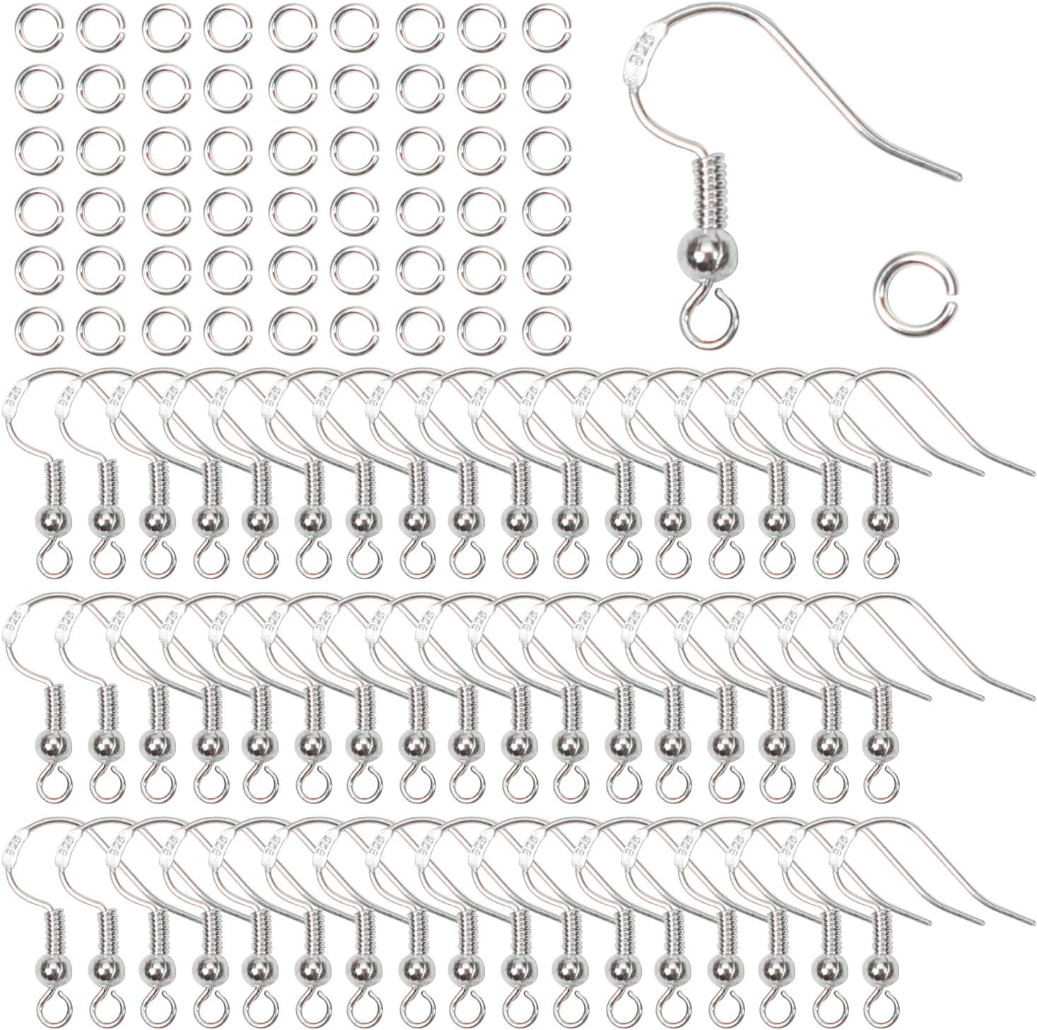 TOAOB 300pcs 18mm 925 Silver Plated Hypoallergenic Ear Wires French Wire Hooks and 4mm Open Jump Rings Starter Kit for Jewellery Making