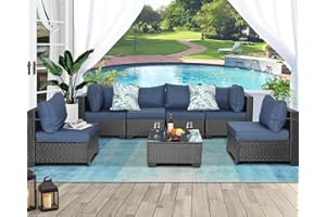 Furnimy Patio Furniture Sets Outdoor Sectional PE Rattan Outdoor Furniture Patio Conversation Set with Cushions for Balcony Lawn and Garden (Expresso/Navy Blue, 7 pcs w/Table)