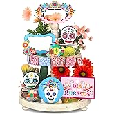 14 Pcs Day of The Dead Tiered Tray Decor Mexican Dia De Los Muertos Decorations Sugar Skull Wooden Table Signs Wreaths Wine Flowers Candles Centerpieces for Halloween Party Decor